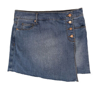 Energie Skirt Womens 7 Juniors Blue Faux Wrap Frayed Hem Light Wash Denim